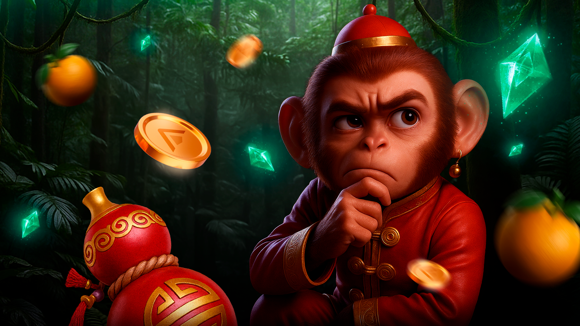 Imagem do macaco sortudo pensativo com a mão no queixo