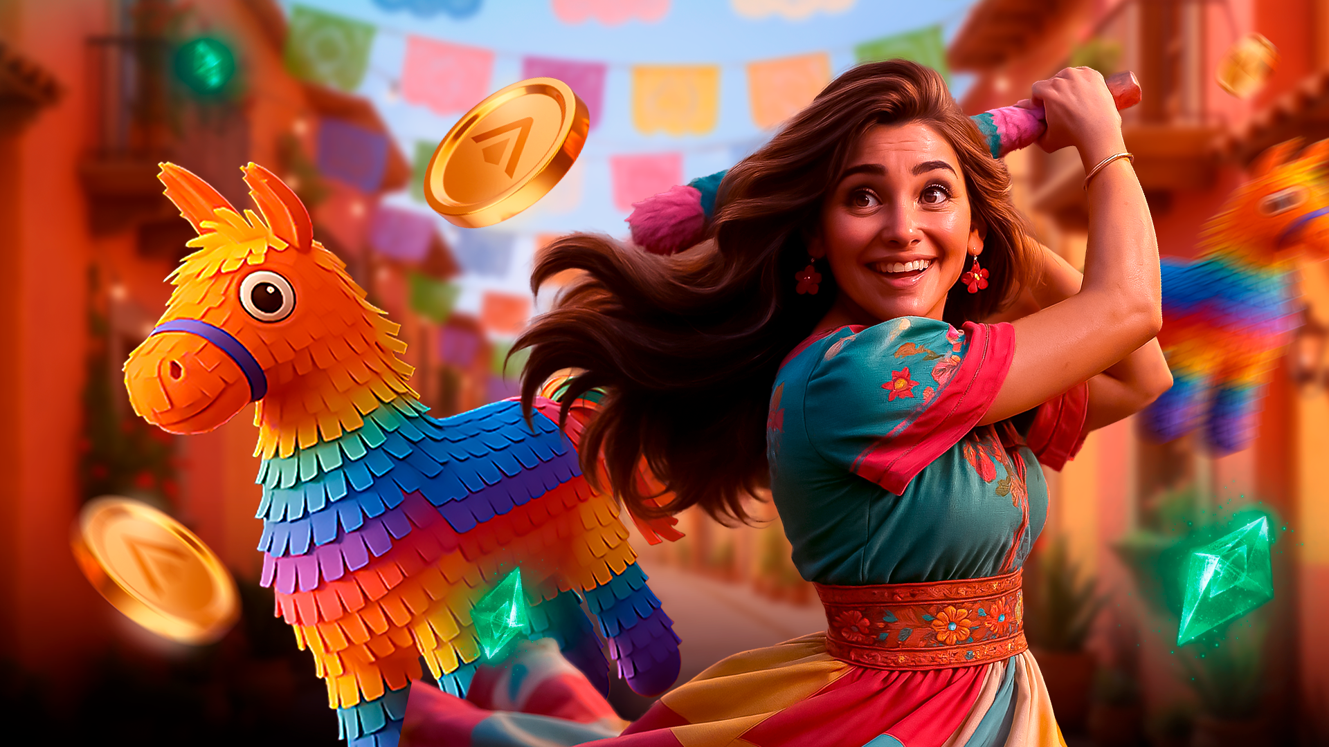 Imagem da personagem do Pinata Wins se preparando pra bater em uma piñata