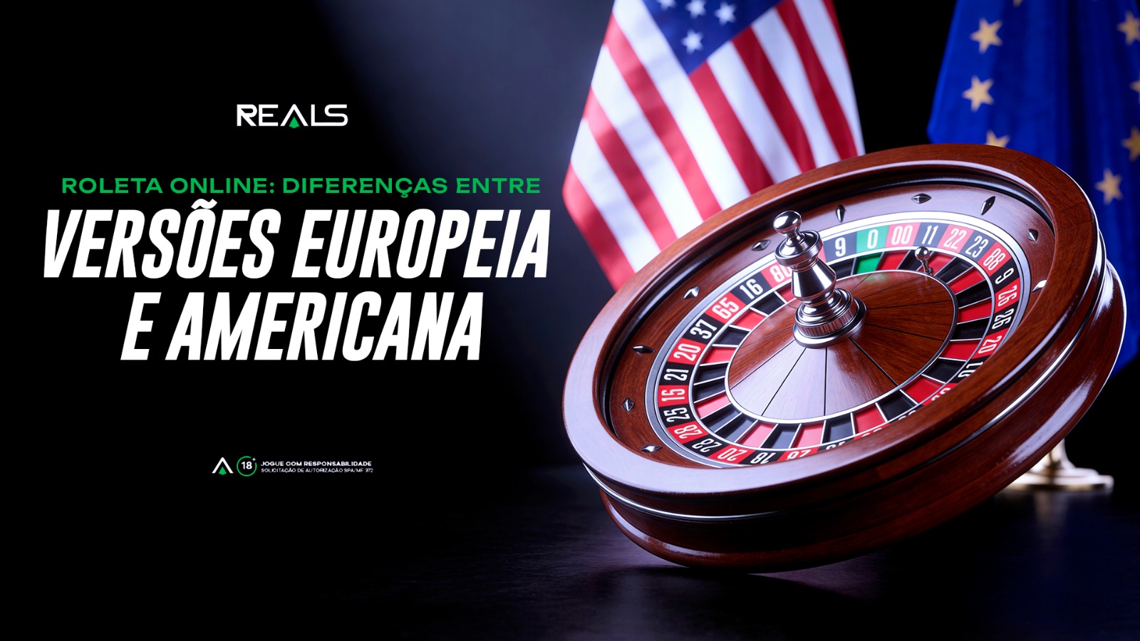 Imagem da roleta online e as bandeiras do EUA e da União europeia atrás